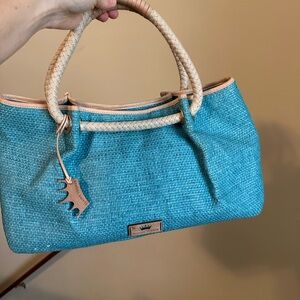 Elaine Turner Teal Peacock Blue Grasscloth Tote Bag w/ Matching Zip Pouch Large